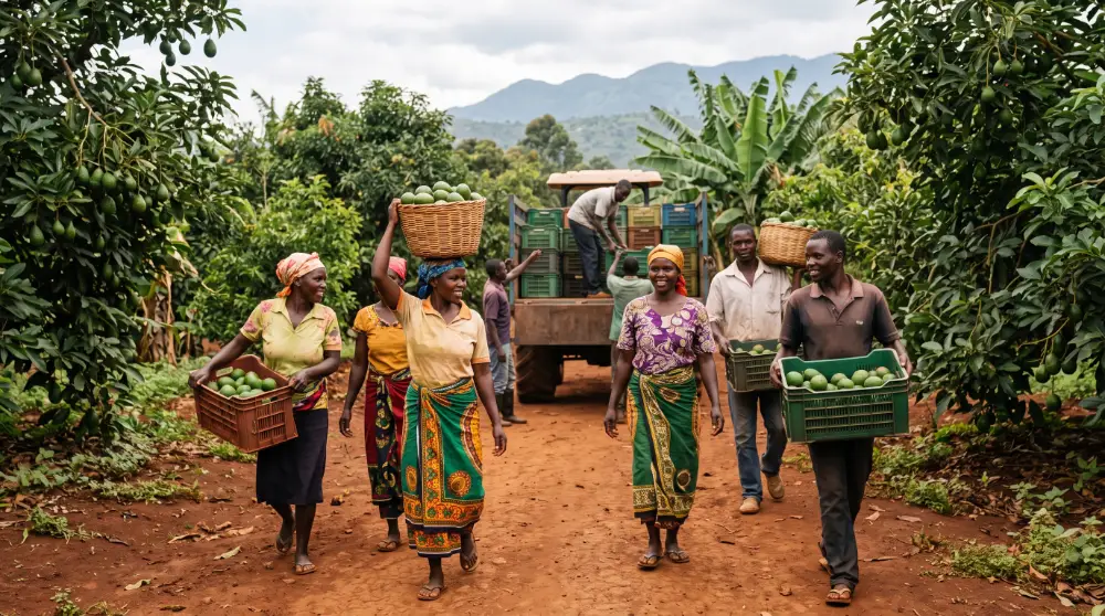 Farmers carrying freshly harvested avocados to a truck