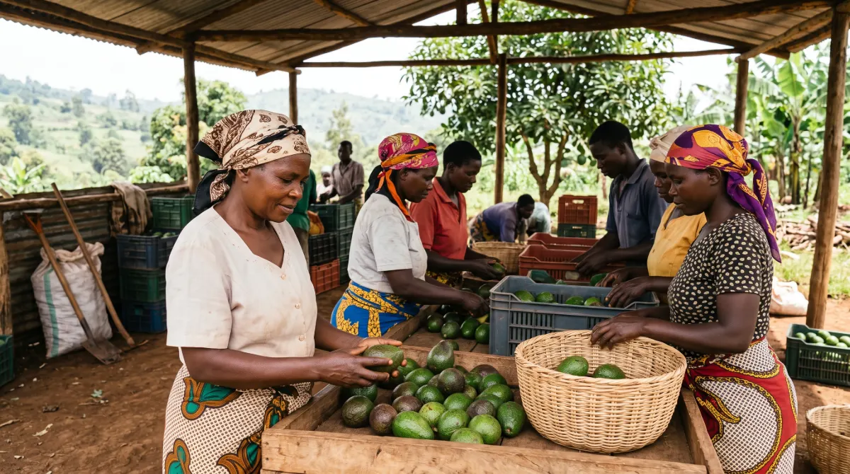 Women hand-sorting avocados under a shed